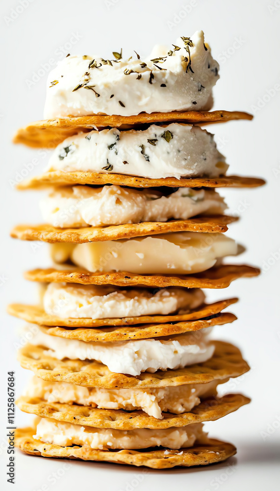 A delicious stack of crackers topped with creamy spreads and herbs, perfect for appetizers or snacks. A delicious stack of crackers topped with creamy spreads and herbs, perfect for appetizers or snacks.