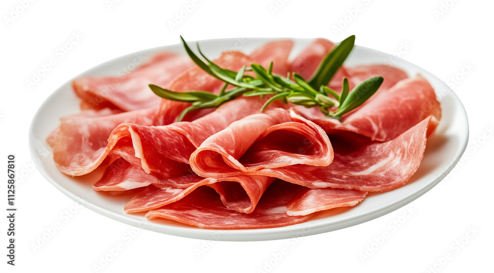 Meat slices and a sprig of rosemary on a white plate close up, created with Generative AI technology, PNG Meat slices and a sprig of rosemary on a white plate close up, created with Generative AI technology, PNG