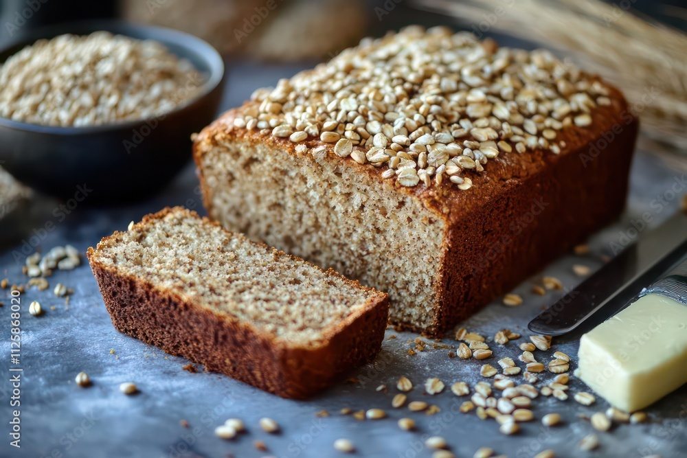 A close-up of freshly baked whole grain bread, with wheat flour used as the base, surrounded by grains of wheat and a butter knife ready to slice. A close-up of freshly baked whole grain bread, with wheat flour used as the base, surrounded by grains of wheat and a butter knife ready to slice.