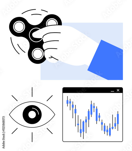Hand spinning fidget spinner, eye graphic with rays, stock market chart in browser window. Ideal for mindfulness, relaxation, observation, financial tracking, focus tools, tech usage workplace