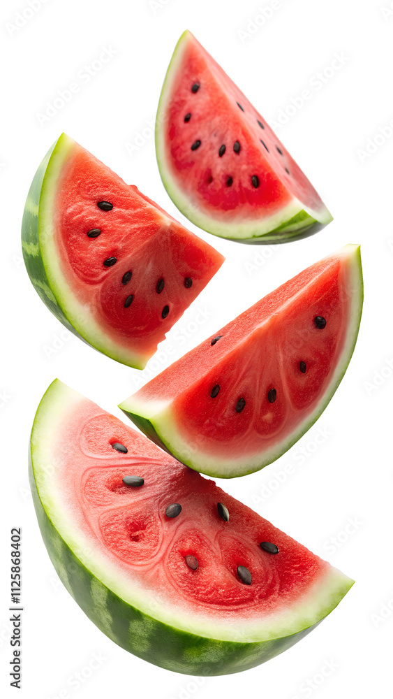 flying watermelon fruit and half slices isolated on transparent white background, clipping path flying watermelon fruit and half slices isolated on transparent white background, clipping path