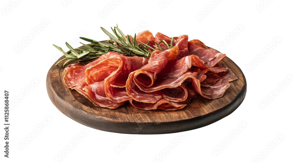 Meat slices and rosemary on a wooden plate close up, created with Generative AI technology, PNG Meat slices and rosemary on a wooden plate close up, created with Generative AI technology, PNG