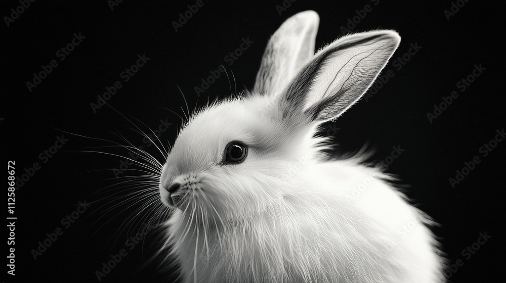 An image made using only the same shade of soft white of a rabbit against a black background. The rabbit’s fluffy body and twitching nose look irresistibly cute as it hops gently. An image made using only the same shade of soft white of a rabbit against a black background. The rabbit’s fluffy body and twitching nose look irresistibly cute as it hops gently.