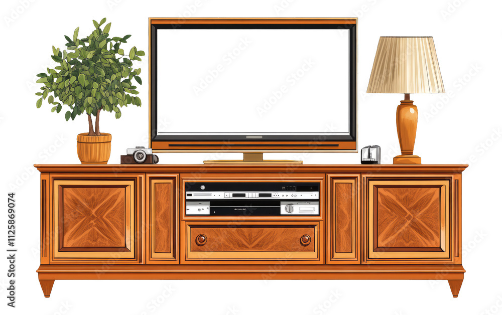 Wooden TV Stand with Accessories on Transparent Background Wooden TV Stand with Accessories on Transparent Background