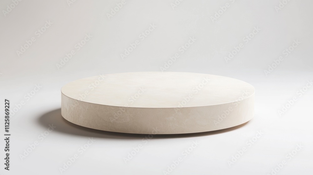 Minimalist Beige Circular Wooden Platform on White Background Minimalist Beige Circular Wooden Platform on White Background