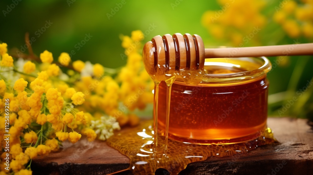 Wooden Honey Dipper Dripping with Sweet Nectar in Natural Floral Setting Wooden Honey Dipper Dripping with Sweet Nectar in Natural Floral Setting