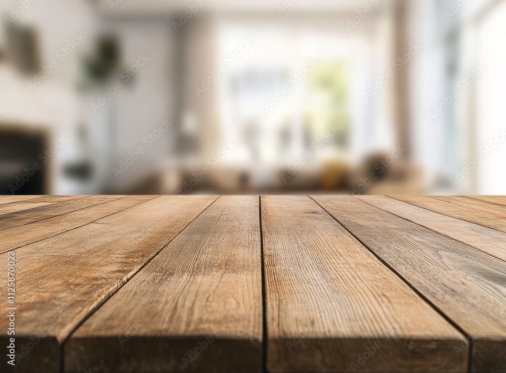 Rustic wooden table top with blurred modern living room background. Rustic wooden table top with blurred modern living room background.