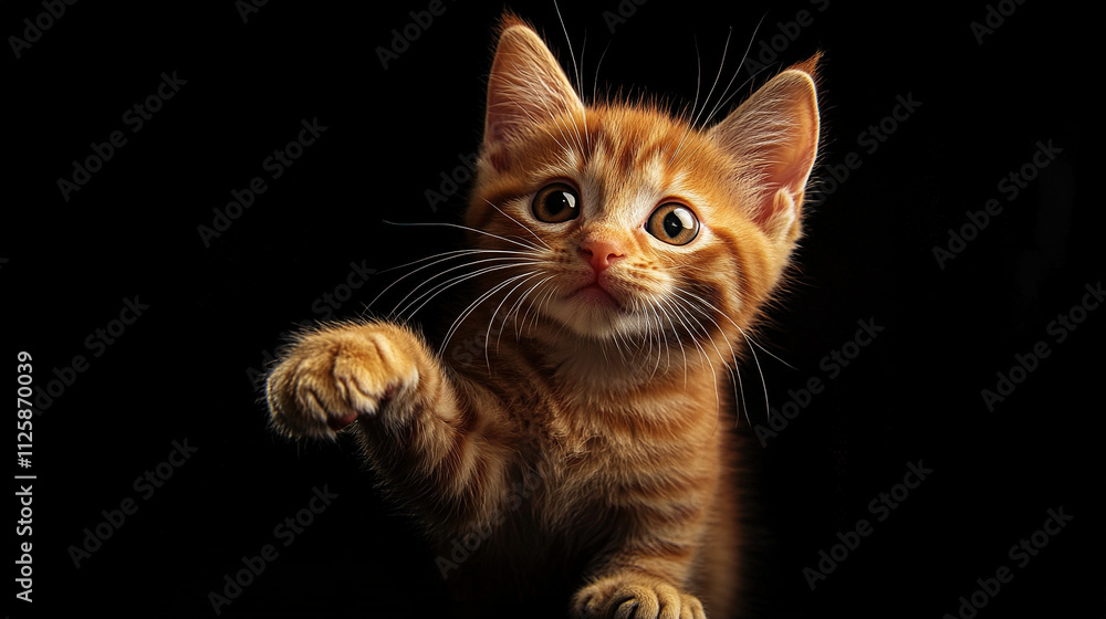 Fototapeta premium Orange kitten waving its paw against a black background.