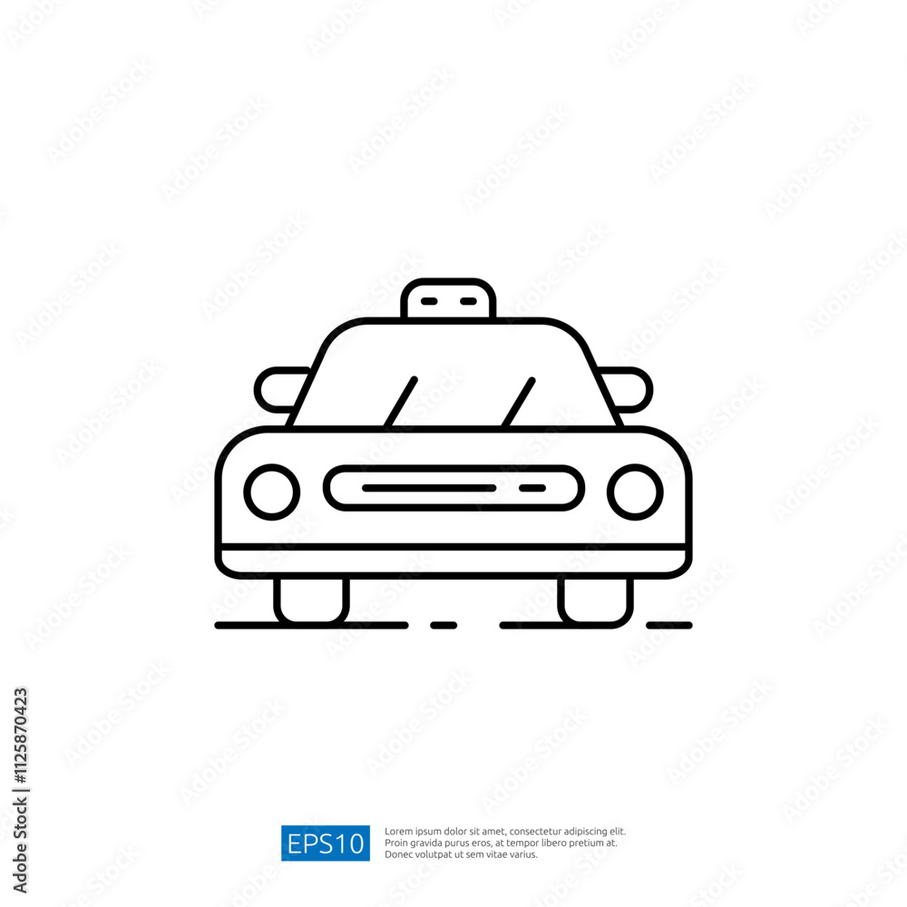 Obraz premium A simple line drawing of a taxi cab, showcasing its front view with a taxi sign on top, representing urban transport.