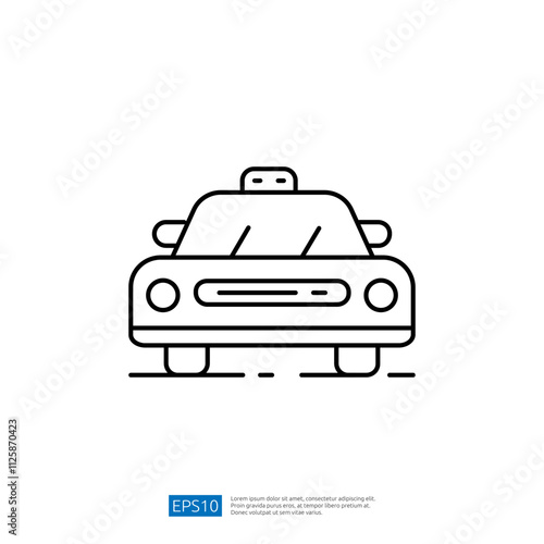 A simple line drawing of a taxi cab, showcasing its front view with a taxi sign on top, representing urban transport.