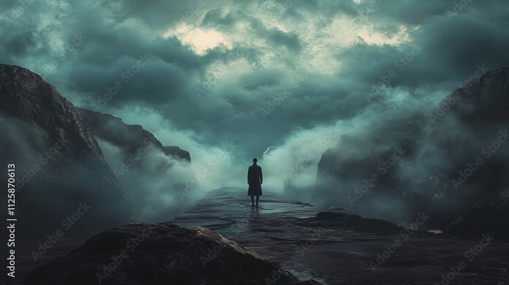 Silhouette of man walking alone on a path through a mystical fog filled landscape Silhouette of man walking alone on a path through a mystical fog filled landscape