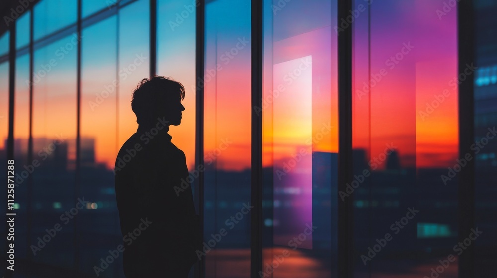 Silhouette of a person looking out a window at a vibrant sunset. Silhouette of a person looking out a window at a vibrant sunset.