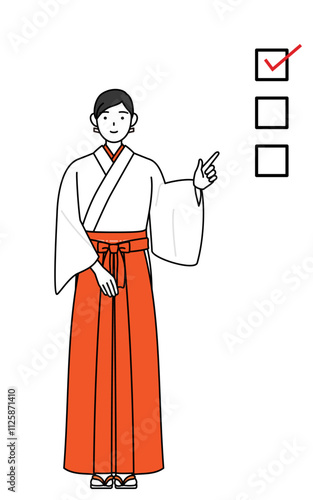 Shrine Maiden Of The Shrine, wearing White kosode and Red Hakama, pointing to a checklist.