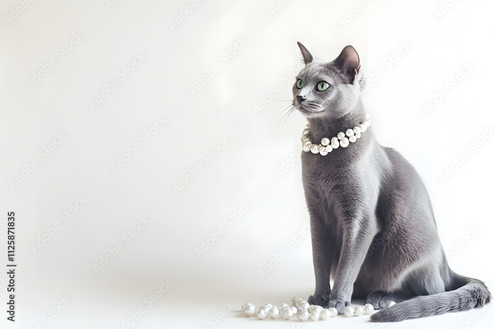 Elegant grey Russian Blue cat sitting with dignified posture on a white background, radiating calm and confidence. Elegant grey Russian Blue cat sitting with dignified posture on a white background, radiating calm and confidence.