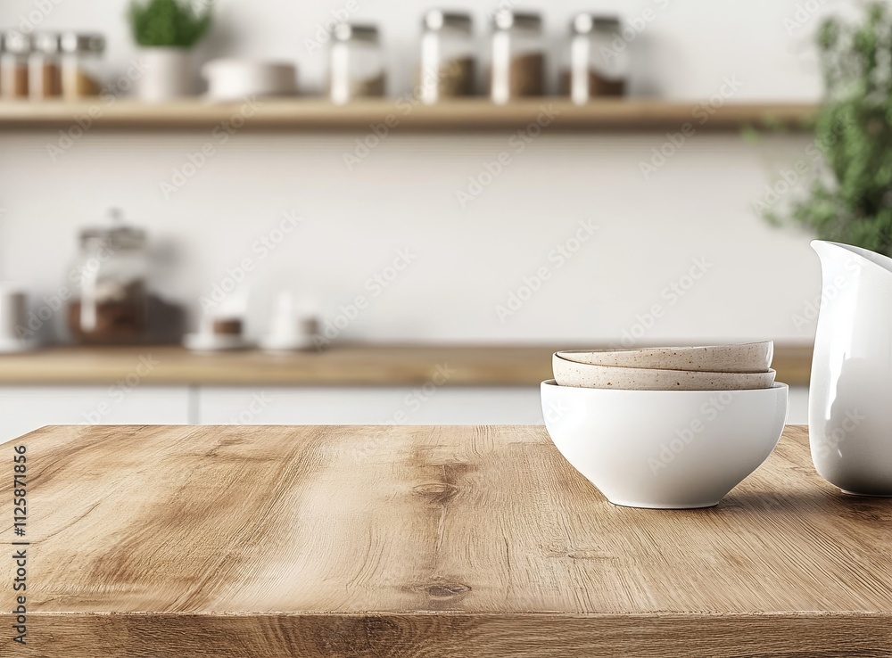 Wooden kitchen table with bowls, creamer, and blurred background shelves. Wooden kitchen table with bowls, creamer, and blurred background shelves.