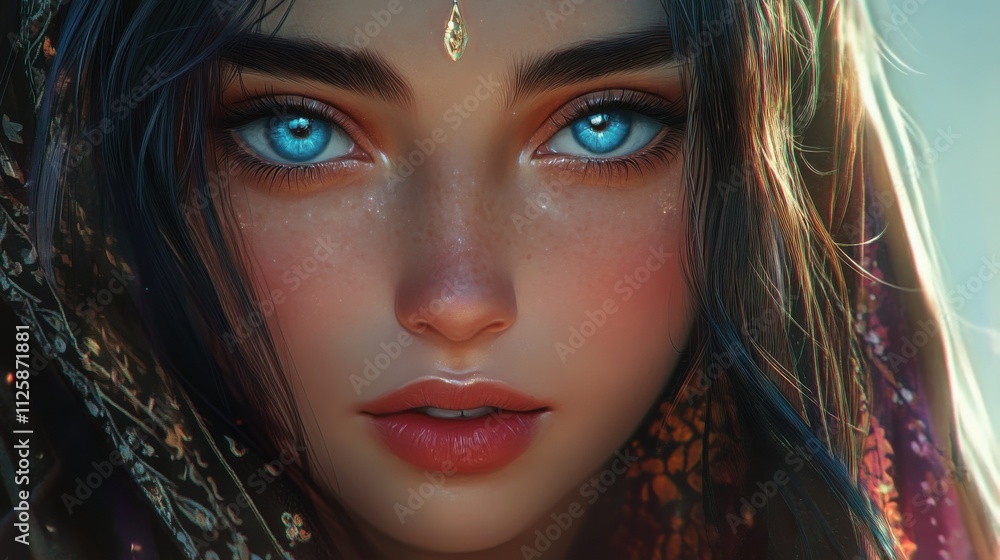 A Digital Portrait of a Mystical Woman with Vibrant Blue Eyes and Intricate Headwear A Digital Portrait of a Mystical Woman with Vibrant Blue Eyes and Intricate Headwear