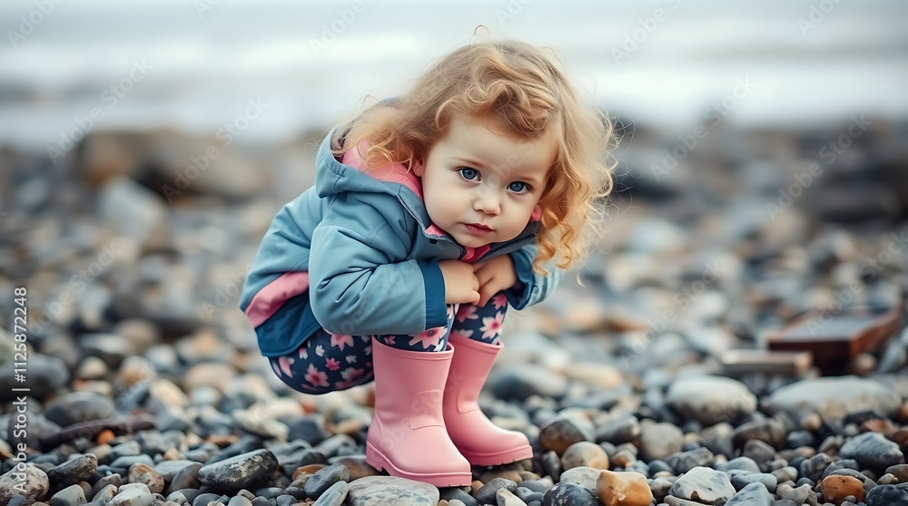 child wearing flowered leggings and pink wellington boots uses a fishing net to explore a rockpool. The playful scene captures the joy of outdoor adventure and childhood curiosity. child wearing flowered leggings and pink wellington boots uses a fishing net to explore a rockpool. The playful scene captures the joy of outdoor adventure and childhood curiosity.