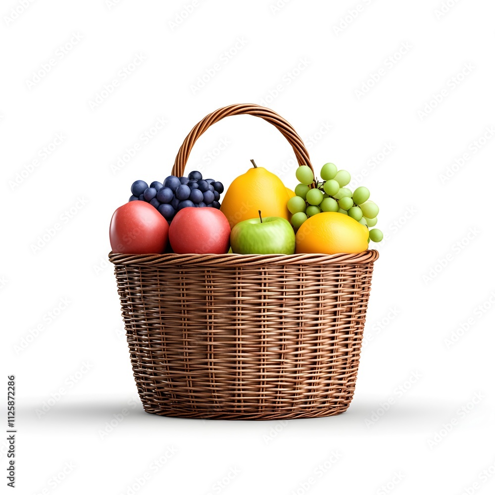 Vibrant Fruit Basket with Apples, Grapes, Pears, and Citrus Fruits in a Woven Brown Basket, Symbolizing Freshness, Health, and Abundance, Perfect for Kitchen Decor or Nutritional Themes Vibrant Fruit Basket with Apples, Grapes, Pears, and Citrus Fruits in a Woven Brown Basket, Symbolizing Freshness, Health, and Abundance, Perfect for Kitchen Decor or Nutritional Themes