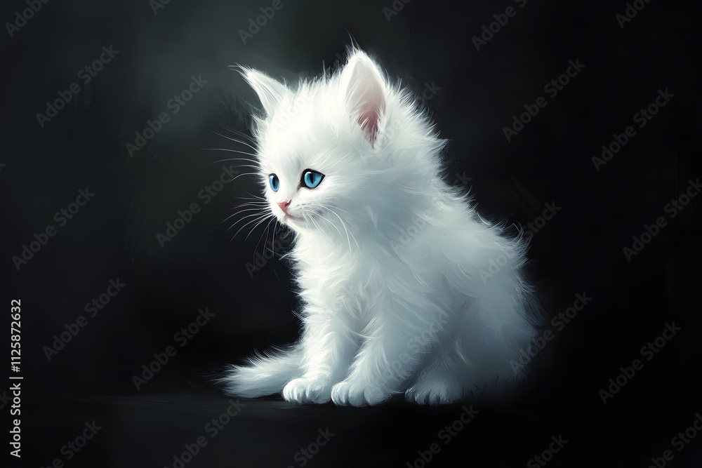 Adorable tiny white kitten with fluffy soft fur, sitting on black background Adorable tiny white kitten with fluffy soft fur, sitting on black background
