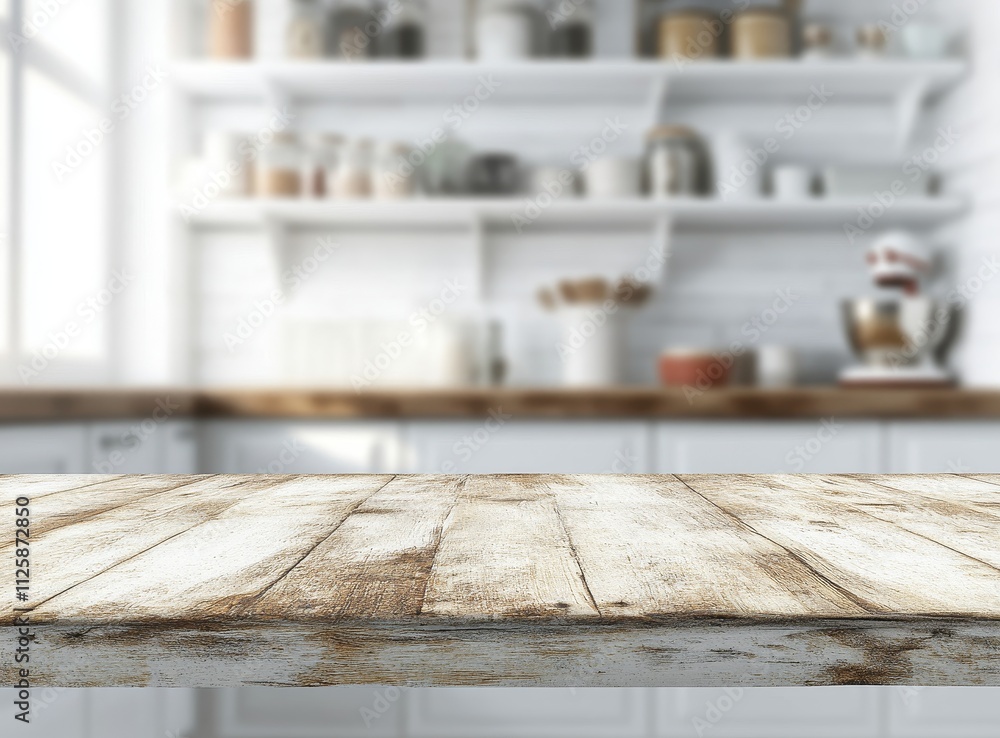 Rustic wooden table in blurred bright kitchen. (4) Rustic wooden table in blurred bright kitchen. (4)