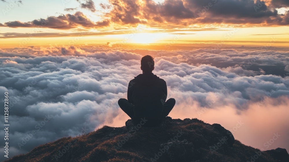 Silhouette of a man meditating above the clouds at sunset Silhouette of a man meditating above the clouds at sunset