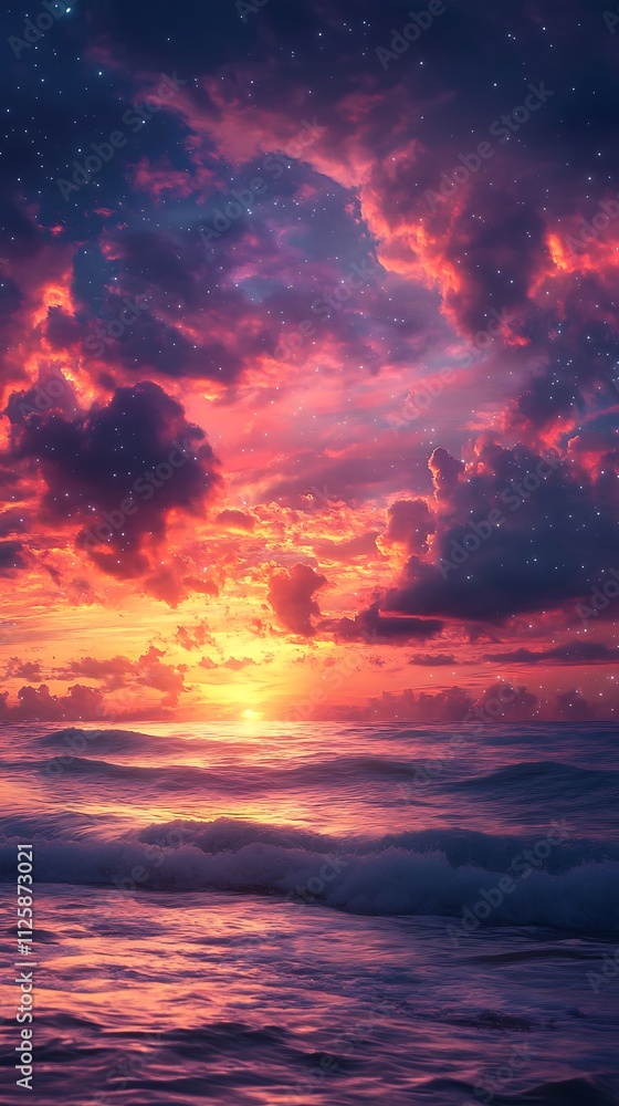 Fototapeta premium A vibrant sunset over the ocean, with colorful clouds reflecting on the water's surface.