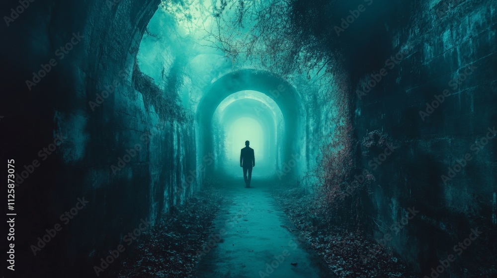 A solitary figure walks towards a light at the end of a tunnel in the forest. A solitary figure walks towards a light at the end of a tunnel in the forest.