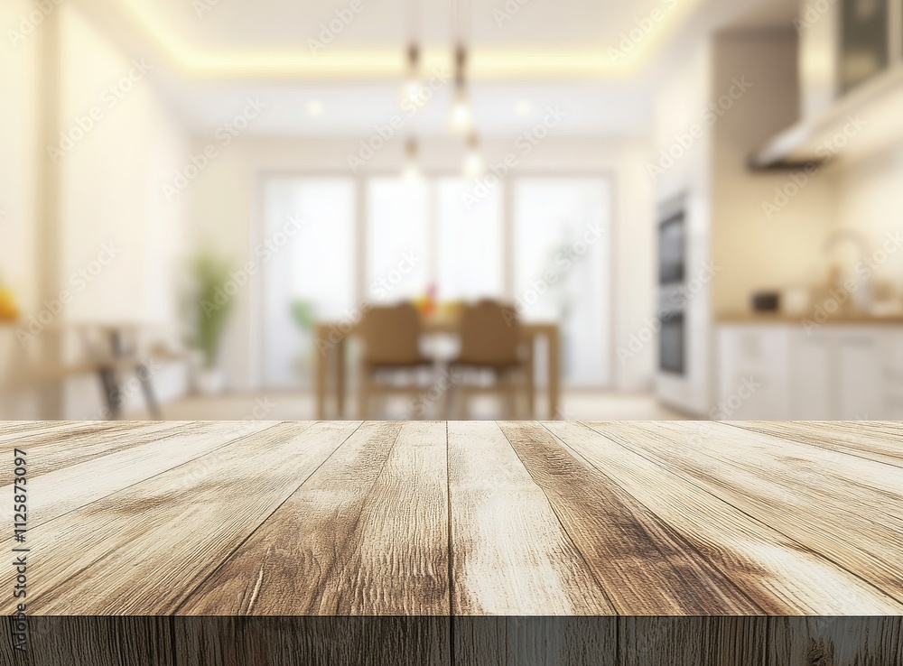 Empty wooden table in blurred modern kitchen and dining room. Empty wooden table in blurred modern kitchen and dining room.