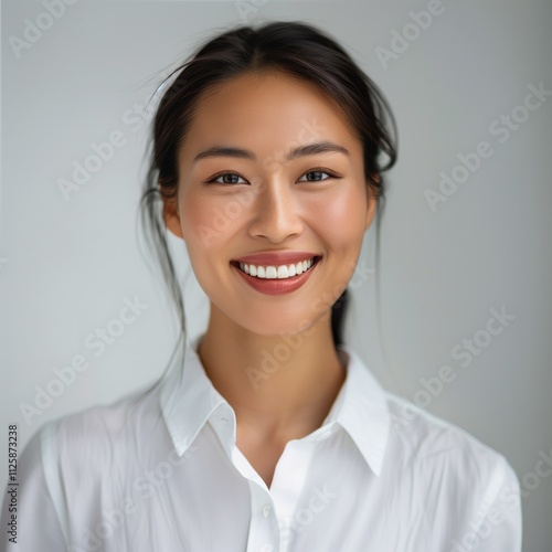 Portrait of a smiling Asian woman with a white shirt.