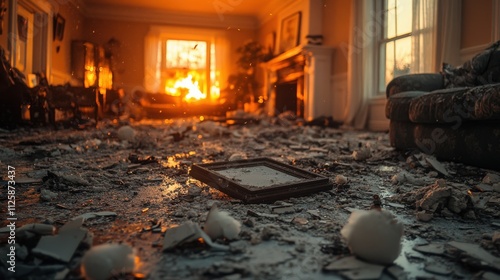 A Devastating Scene of a Living Room After a Fire, Highlighting Destruction and Chaos with Debris Scattered Across the Floor and Flames Visible in the Background