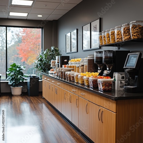 A modern break room featuring snacks, beverages, and a view of nature.