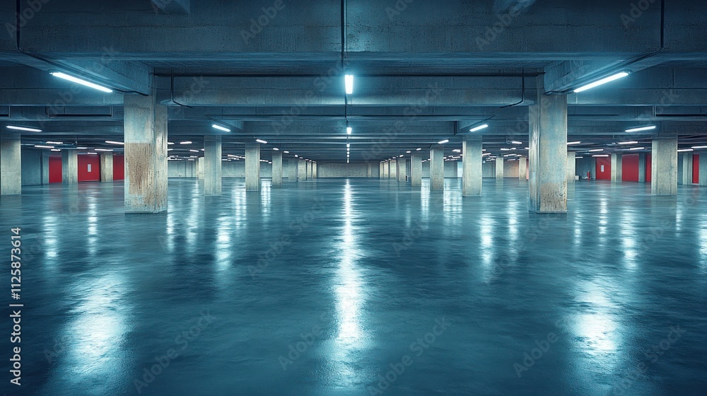 Empty, spacious parking garage with polished floor and fluorescent lighting. Empty, spacious parking garage with polished floor and fluorescent lighting.