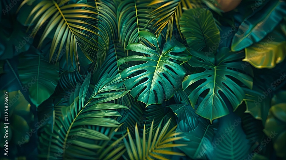 Lush Tropical Foliage: A Deep Green Tapestry of Monstera and Palm Leaves Lush Tropical Foliage: A Deep Green Tapestry of Monstera and Palm Leaves