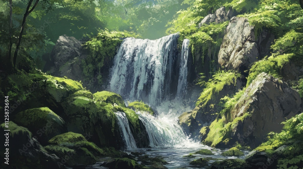 Obraz premium Serene Waterfall in Lush Forest