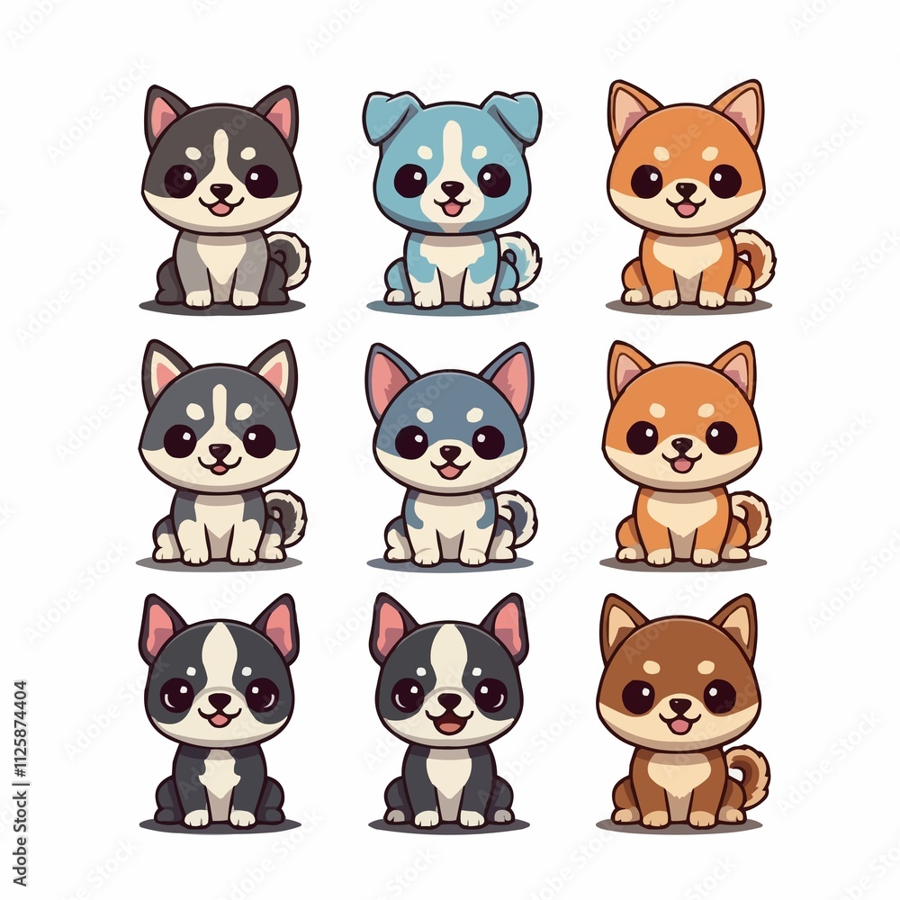 Cute dogs vector set. Cartoon dog or puppy characters design collection with flat color in different poses. Set of funny pet animals isolated on white background. JPEG version. Cute dogs vector set. Cartoon dog or puppy characters design collection with flat color in different poses. Set of funny pet animals isolated on white background. JPEG version.