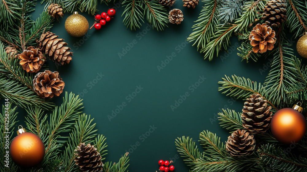 Christmas Festive Frame Pine Branches, Cones, Ornaments, Berries Christmas Festive Frame Pine Branches, Cones, Ornaments, Berries