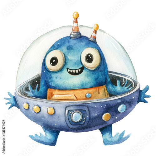 Cute Alien in a Spaceship: Watercolor Illustration photo