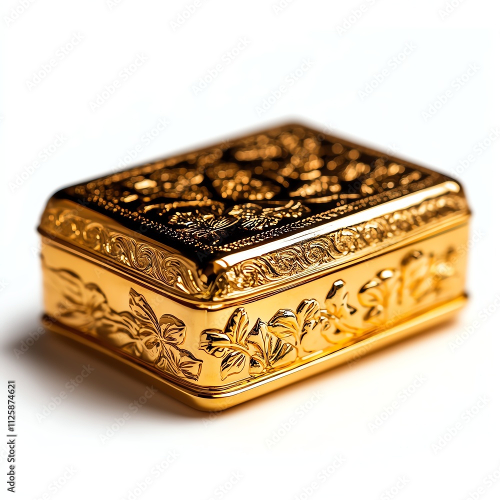 Ornate golden box with floral designs, isolated on a white background. Ornate golden box with floral designs, isolated on a white background.