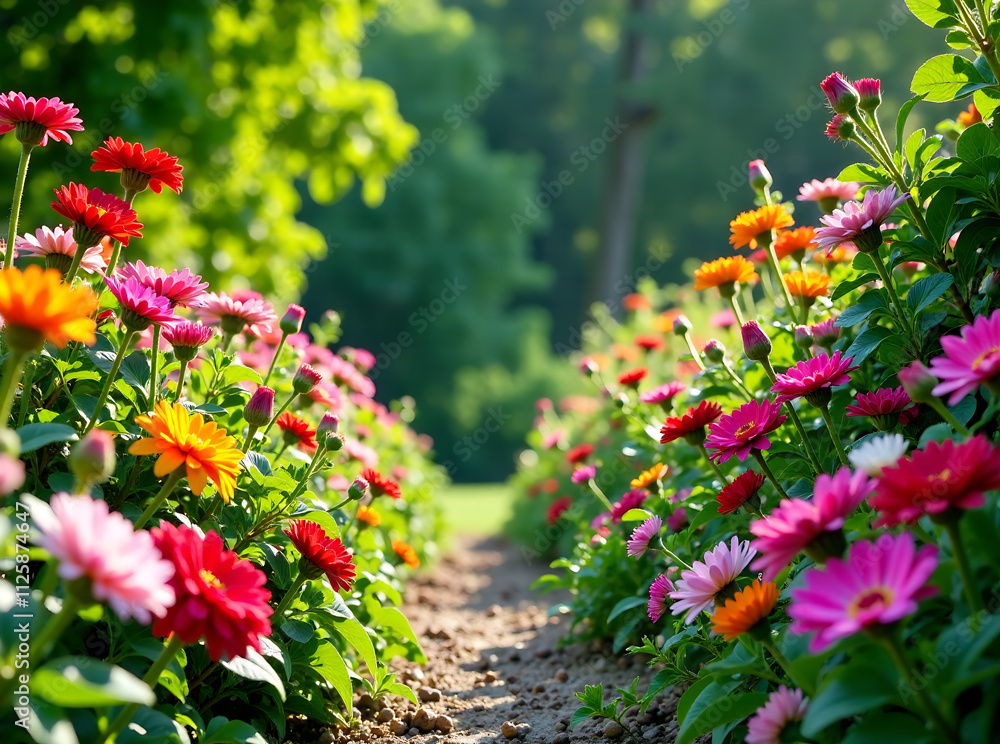 Lush garden with vibrant, diverse flowers and greenery Lush garden with vibrant, diverse flowers and greenery