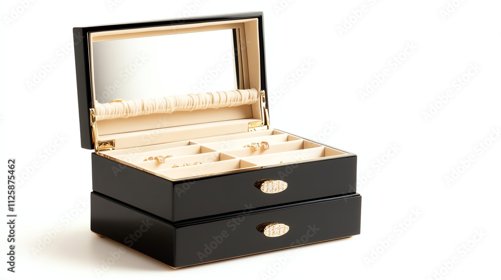 Elegant jewelry box, open with compartments for rings and accessories, white background. Elegant jewelry box, open with compartments for rings and accessories, white background.