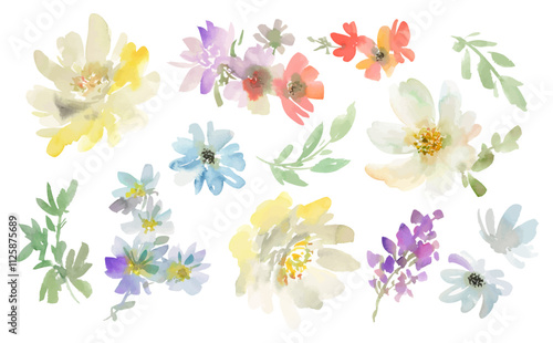 Watercolor  clipart set with abstract hand painted white peony and wild flowers. Floral illustrations for background, wedding invitation and pattern. Vector files.	