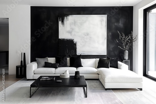 Minimalist modern living room interior design with a black and white palette, featuring a low-profile sectional sofa and a striking monochrome abstract painting.