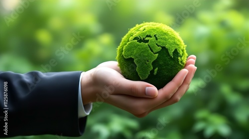 Woman's Hands Gently Cradle a Moss-Covered Globe, Representing Environmental Stewardship and Sustainability