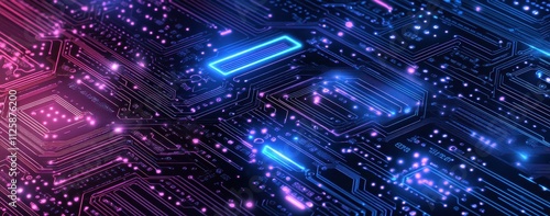 A computer chip with blue and pink lights