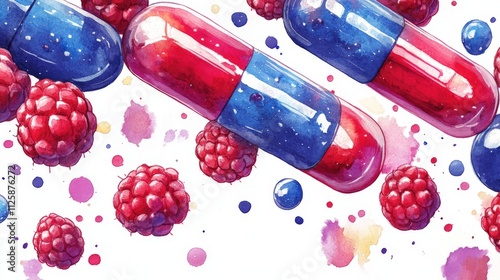 Colorful Supplements and Berries in Watercolor Style photo