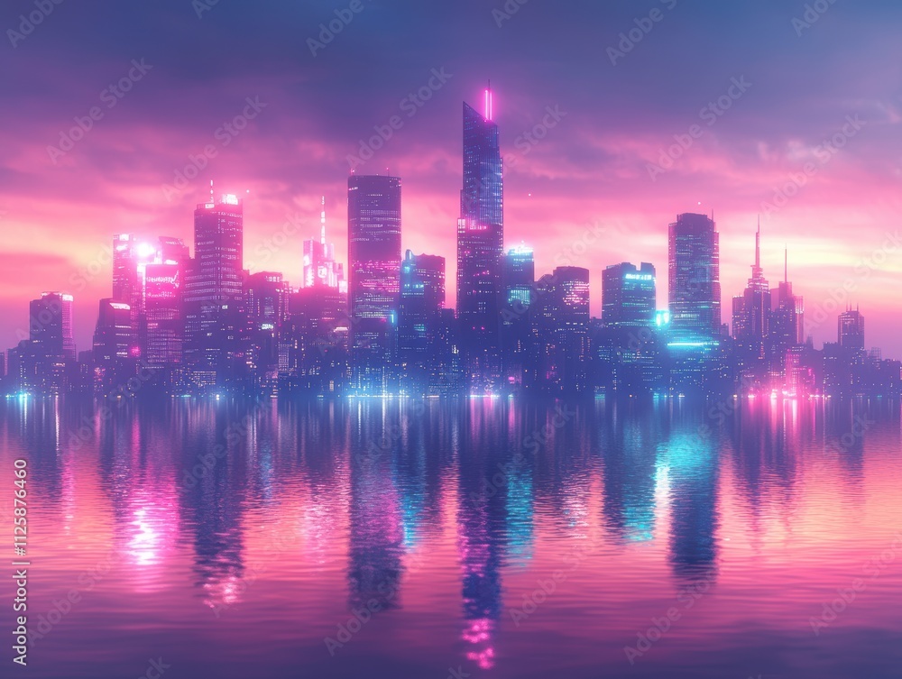Fototapeta premium A vibrant city skyline at dusk, reflecting colorful lights on water.