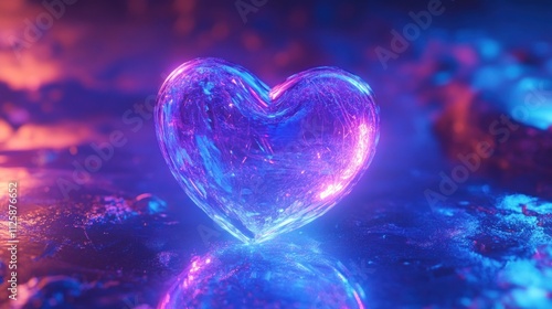 Heart symbol icon in digital hologram style, light purple and blue glow 