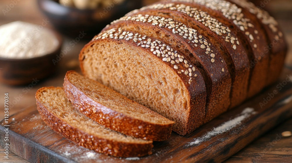A loaf of whole grain bread sits on a wooden board, sliced into several pieces. The top is adorned with oats, showcasing its freshly baked texture and color.