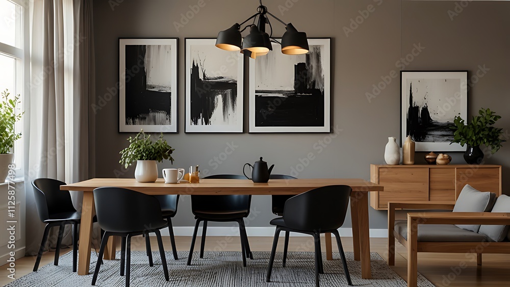Stylish dining room interior with design wooden family table, black chairs, teapot with mug, mock up art paintings on the wall and elegant accessories ... Stylish dining room interior with design wooden family table, black chairs, teapot with mug, mock up art paintings on the wall and elegant accessories ...
