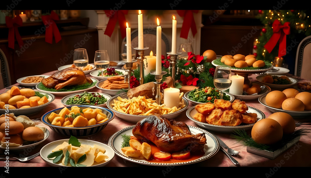 A lavish Christmas dinner table spread featuring various delicious dishes, including roast meat, potatoes, salads, bread rolls, candles, and evergreen decorations. A lavish Christmas dinner spread, A lavish Christmas dinner table spread featuring various delicious dishes, including roast meat, potatoes, salads, bread rolls, candles, and evergreen decorations. A lavish Christmas dinner spread,
